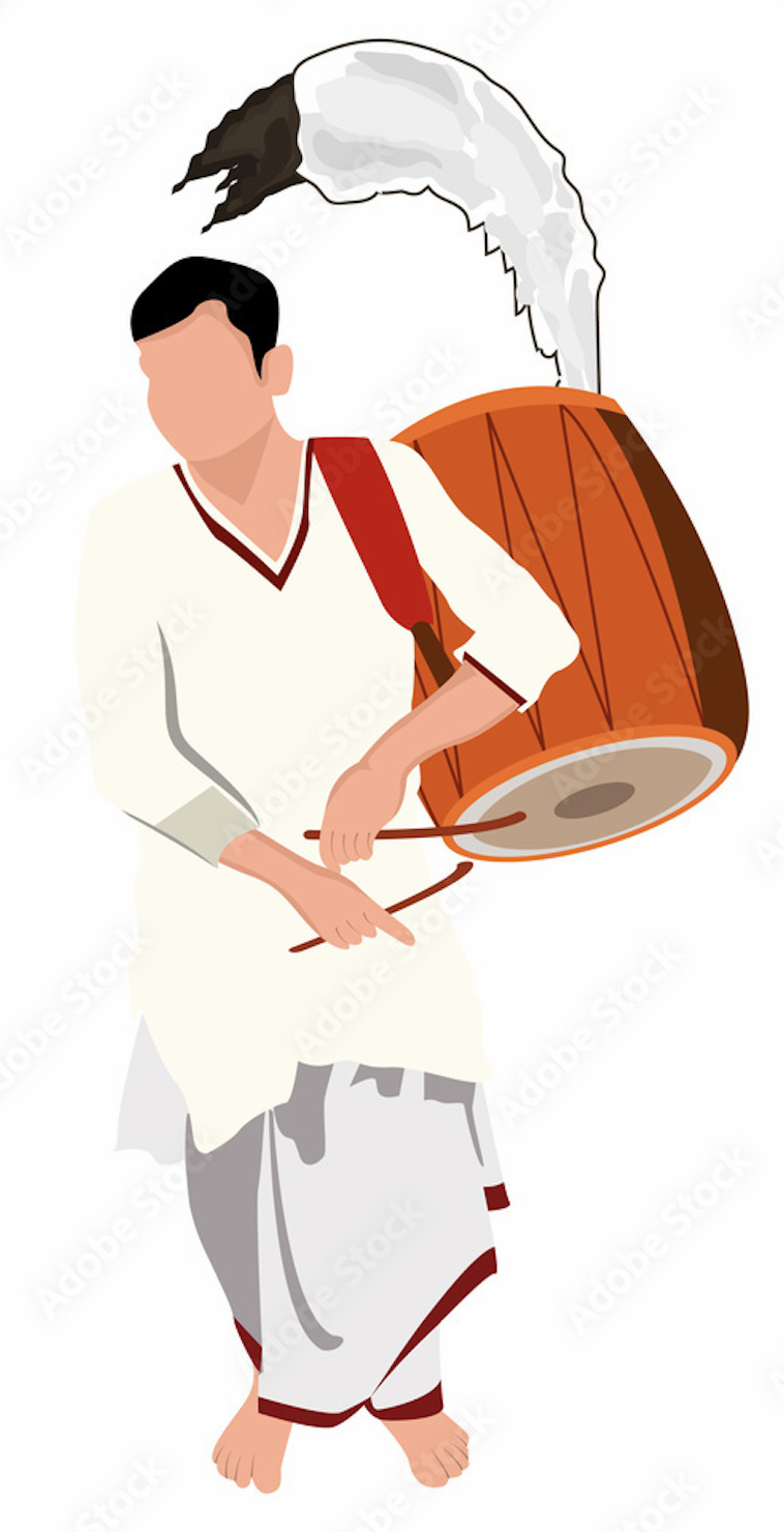 Illustration of a Bengali musician playing a traditional dhak
